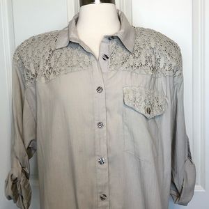 Vintage Tapestry Top Large XL Crochet Beige USA Womens Country Boho 1980 Shirt